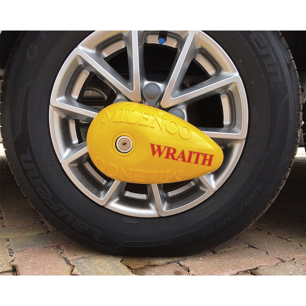 Milenco Radkralle MILENCO New Wraith2 Caravan Wheel Lock Sold Secure Gold